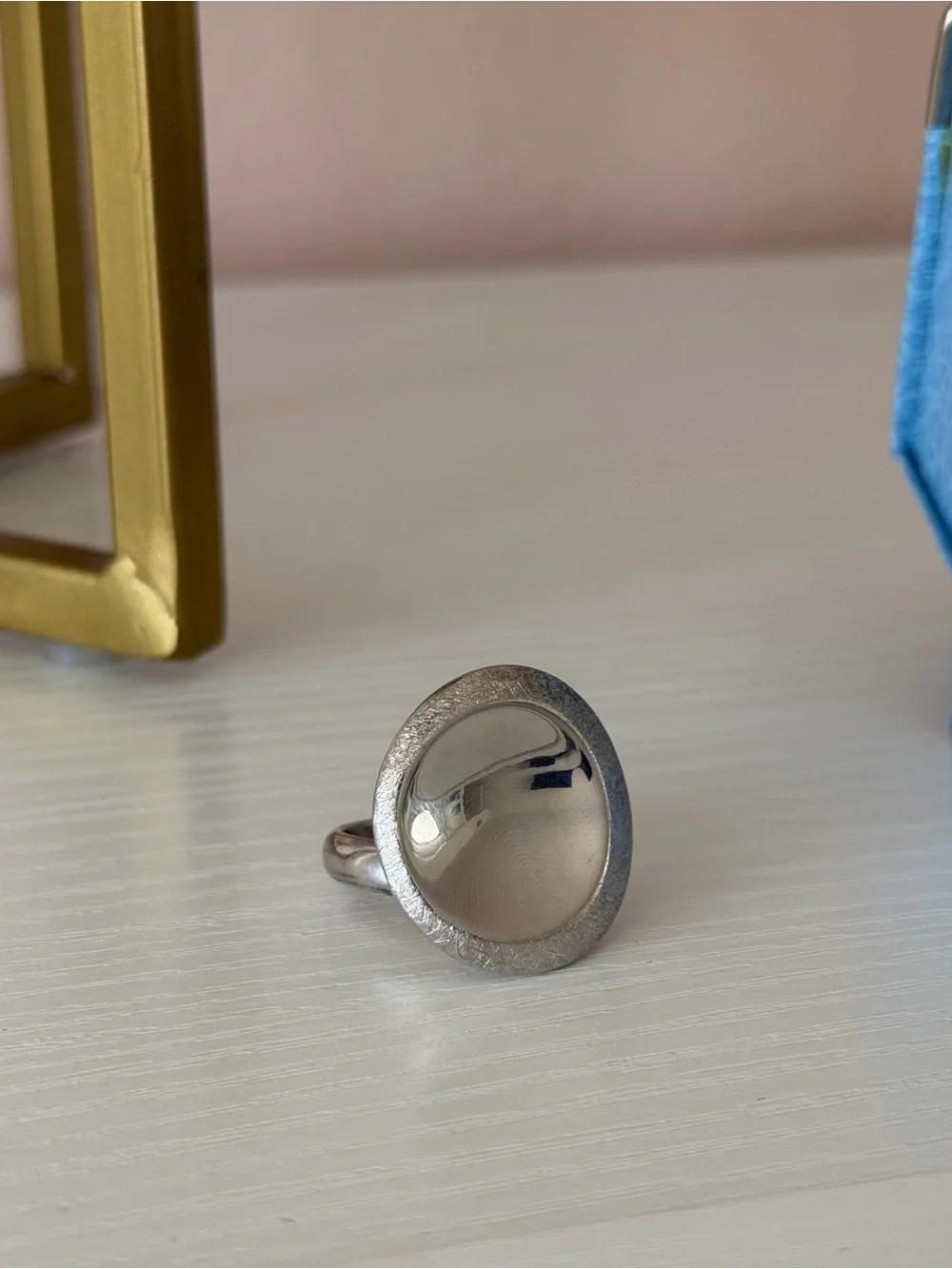 Vintage Modernist Concave Mirror Shield Ring – Contemporary Asymmetric Band